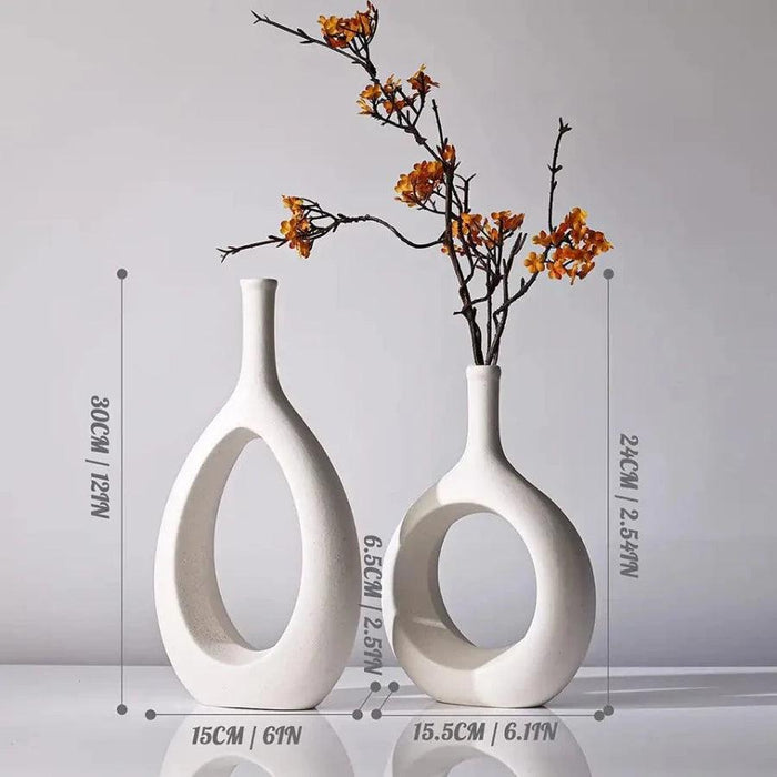Wooden Twist Modern Oval White Home Decor Ceramic Decorative Vase for Flowers Set of 2 - Wooden Twist UAE