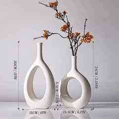 Wooden Twist Modern Oval White Home Decor Ceramic Decorative Vase for Flowers Set of 2 - Wooden Twist UAE