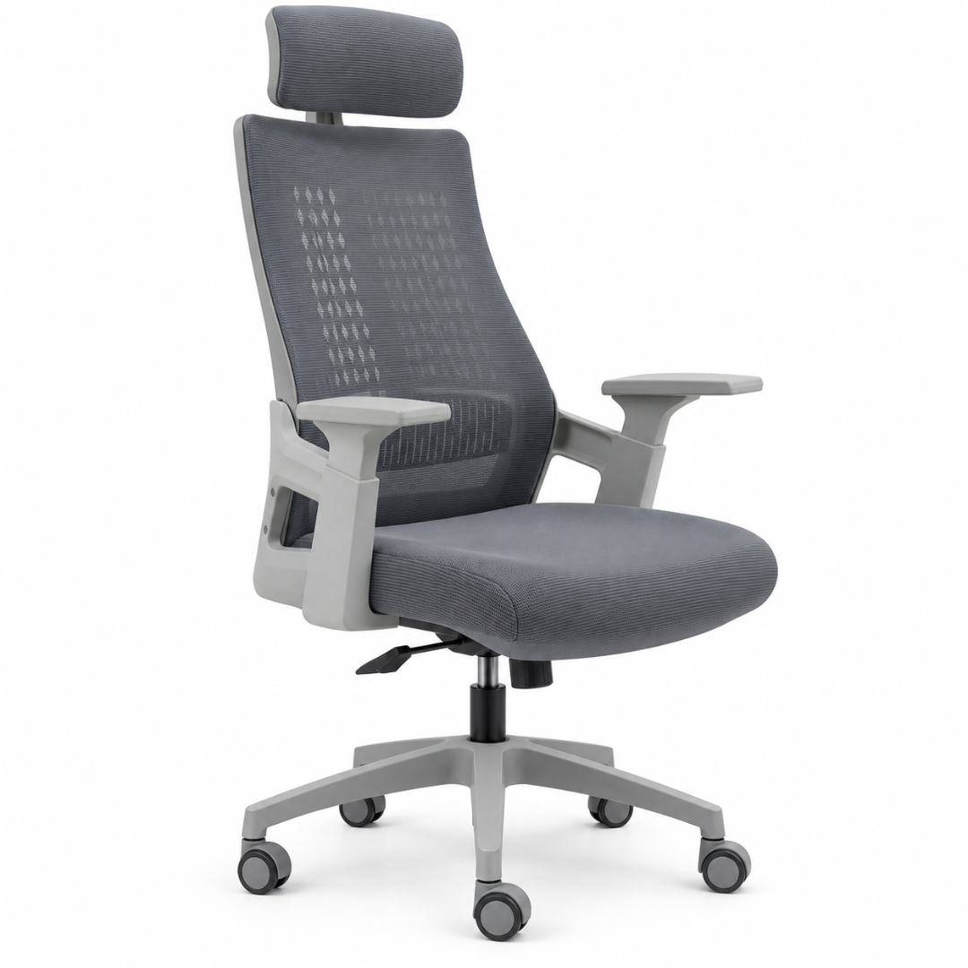 Wooden Twist Aeris Pro Ergonomic Mesh Office Chair Grey – angled view of mesh back, armrests and 5-star base