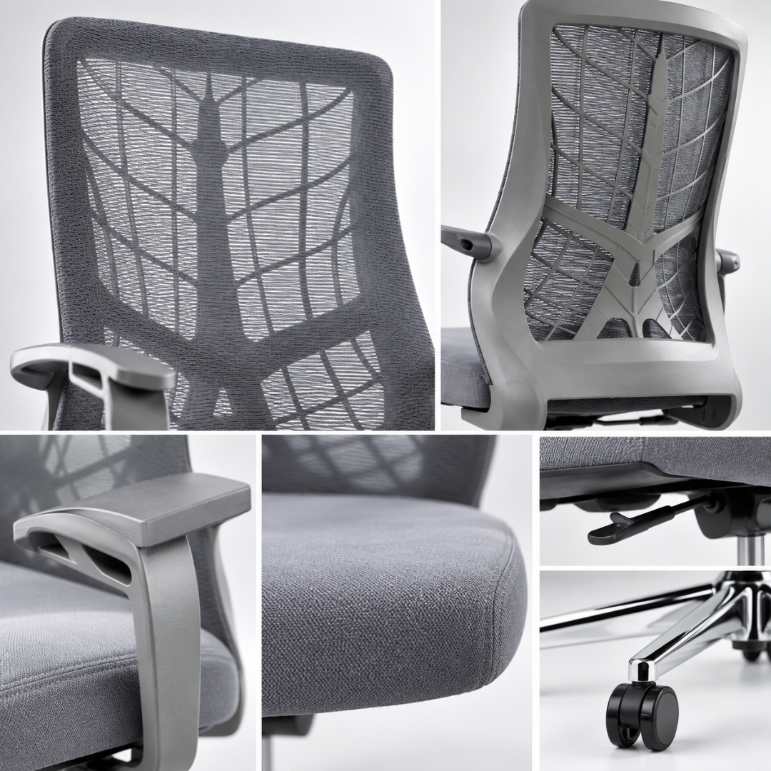 Wooden Twist Aeronix Ergonomic Mesh Office Chair Grey – close-ups of mesh back, support frame, armrest, padded seat, height lever and casters