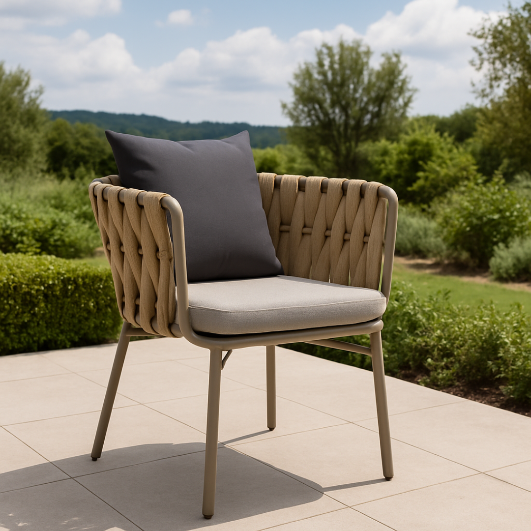 Beige outdoor chair with gray cushion on a patio with greenery in the background