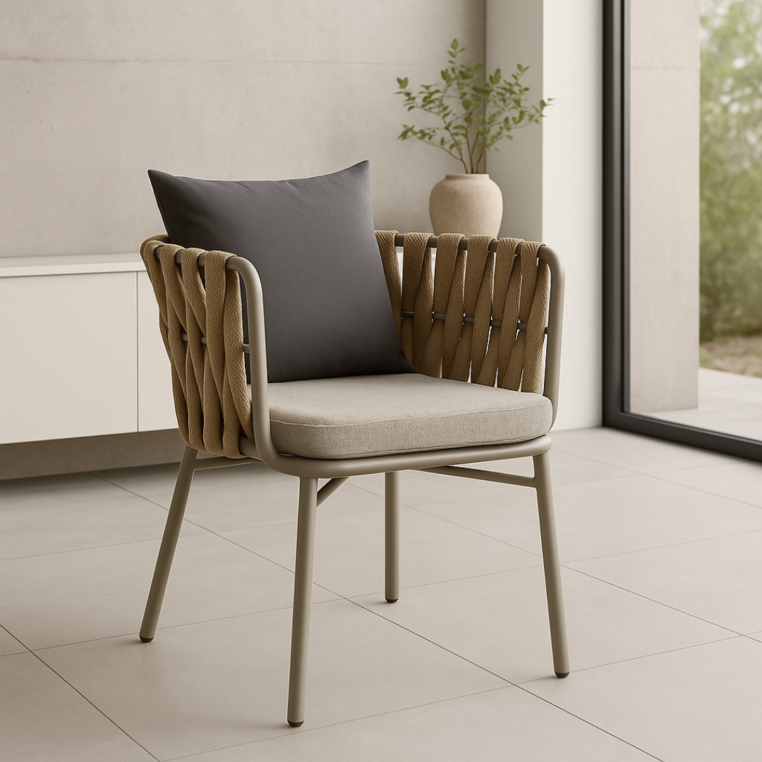 Chair with a gray cushion and beige frame in a modern interior setting