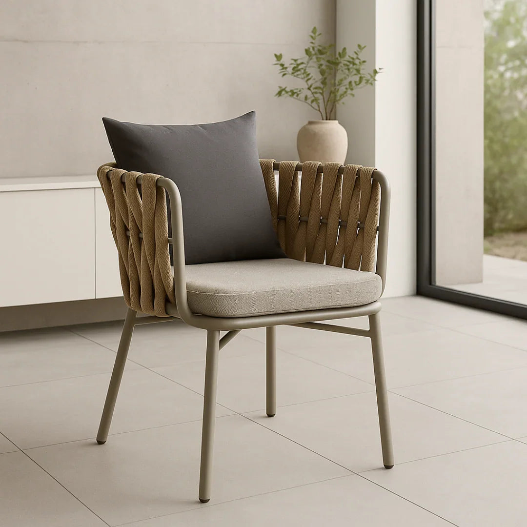 Chair with a gray cushion and beige frame in a modern interior setting