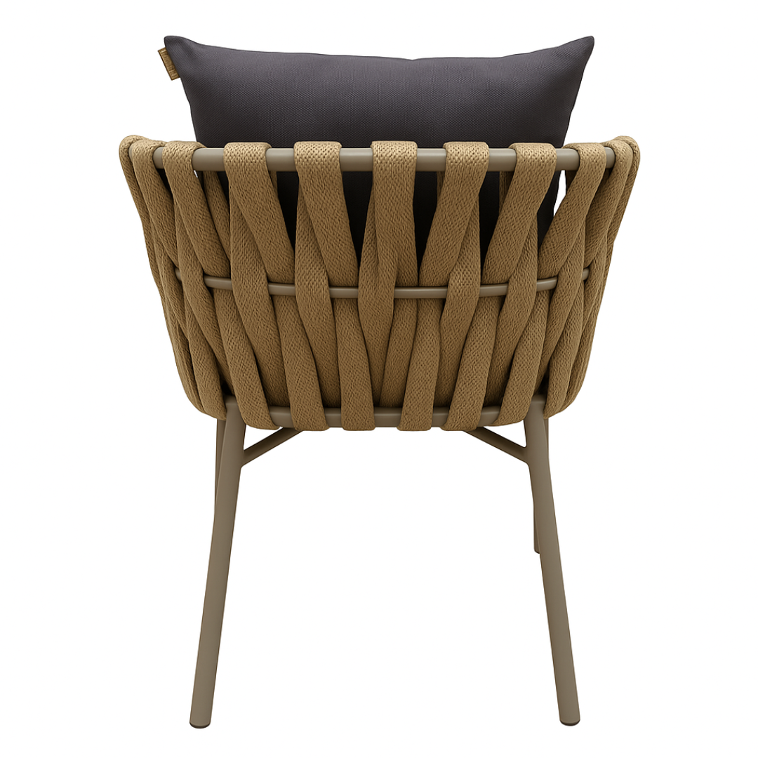 Chair with woven backrest and dark cushion on a white background
