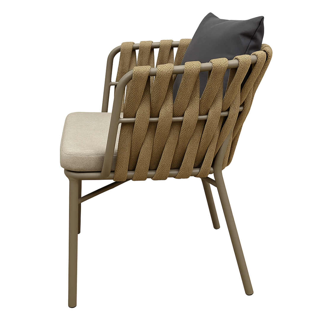 Chair with woven backrest and beige cushion on a white background