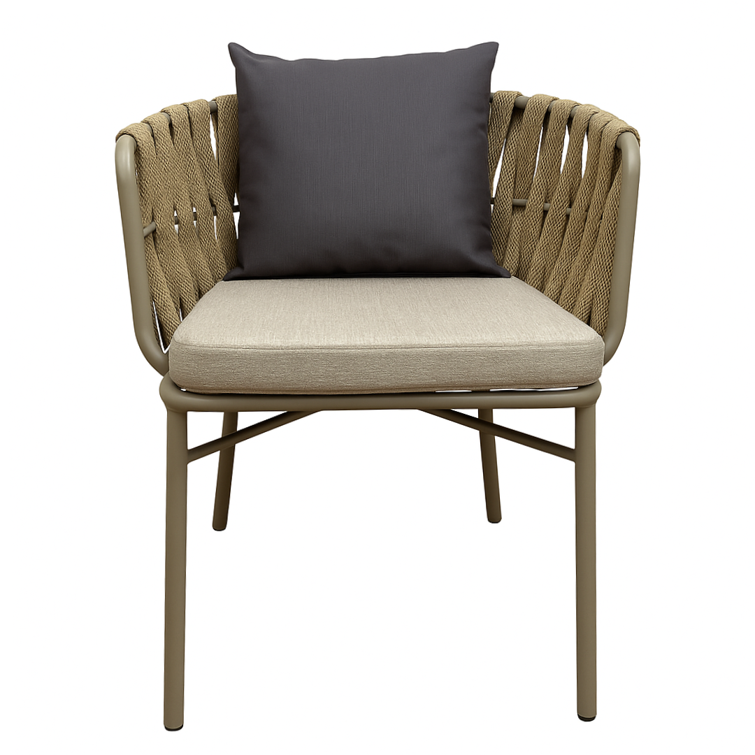 Chair with beige cushion and gray pillow on a white background