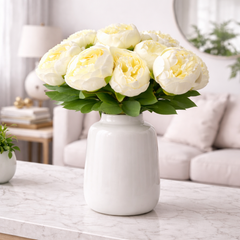 Wooden Twist Artificial Peony Flower Bunch in Ceramic Vase Luxury Faux Floral Arrangement for Living Room & Dining Table Décor (1 Bunch)