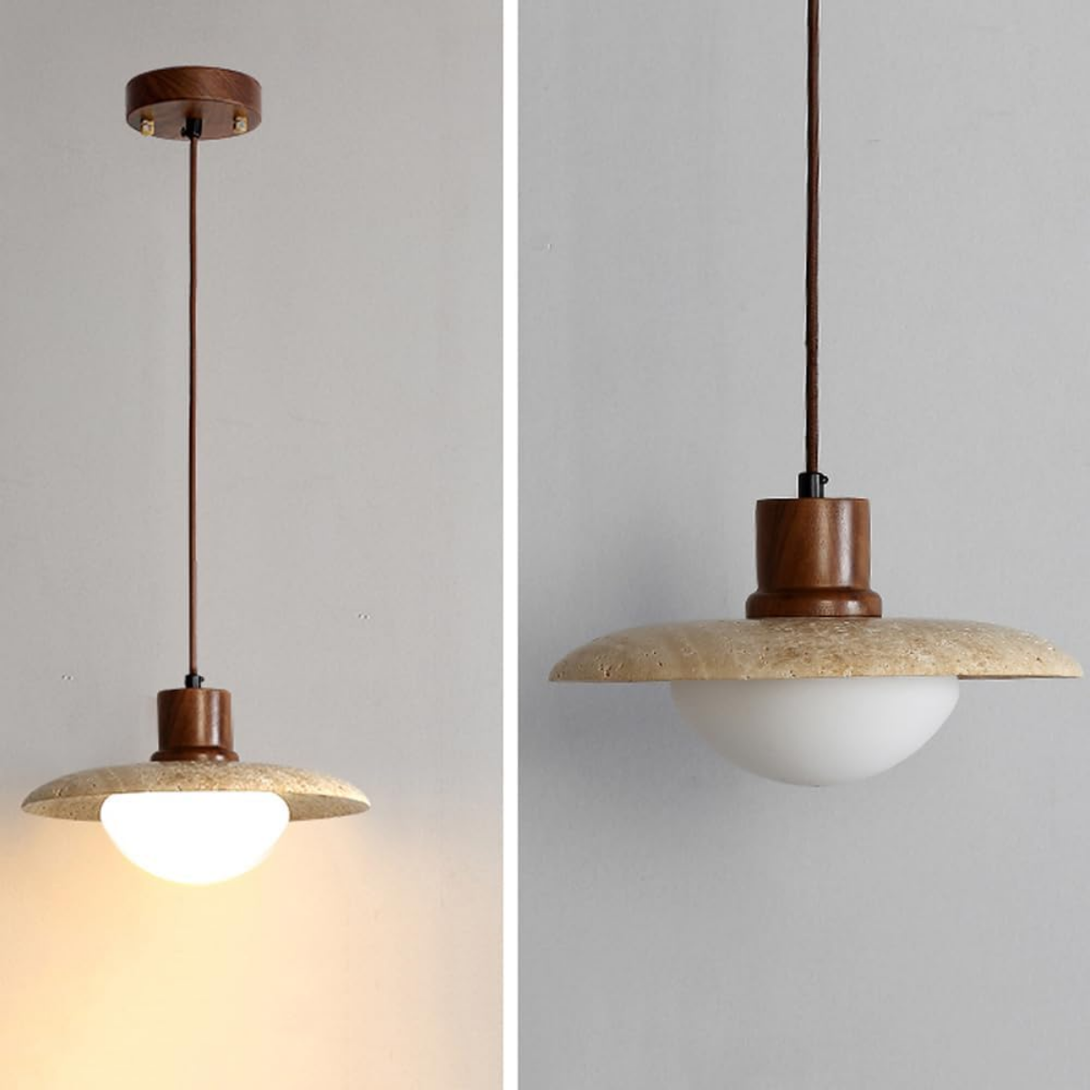 Aurelia Wabi-Sabi Travertine Pendant Light lit and unlit views showing walnut cup, travertine shade, and glass globe