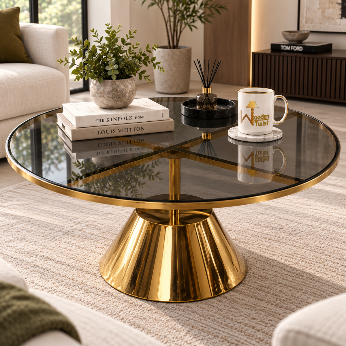 Wooden Twist Aurelio Luxe Round Smoked Glass Coffee Table in a modern living room setting