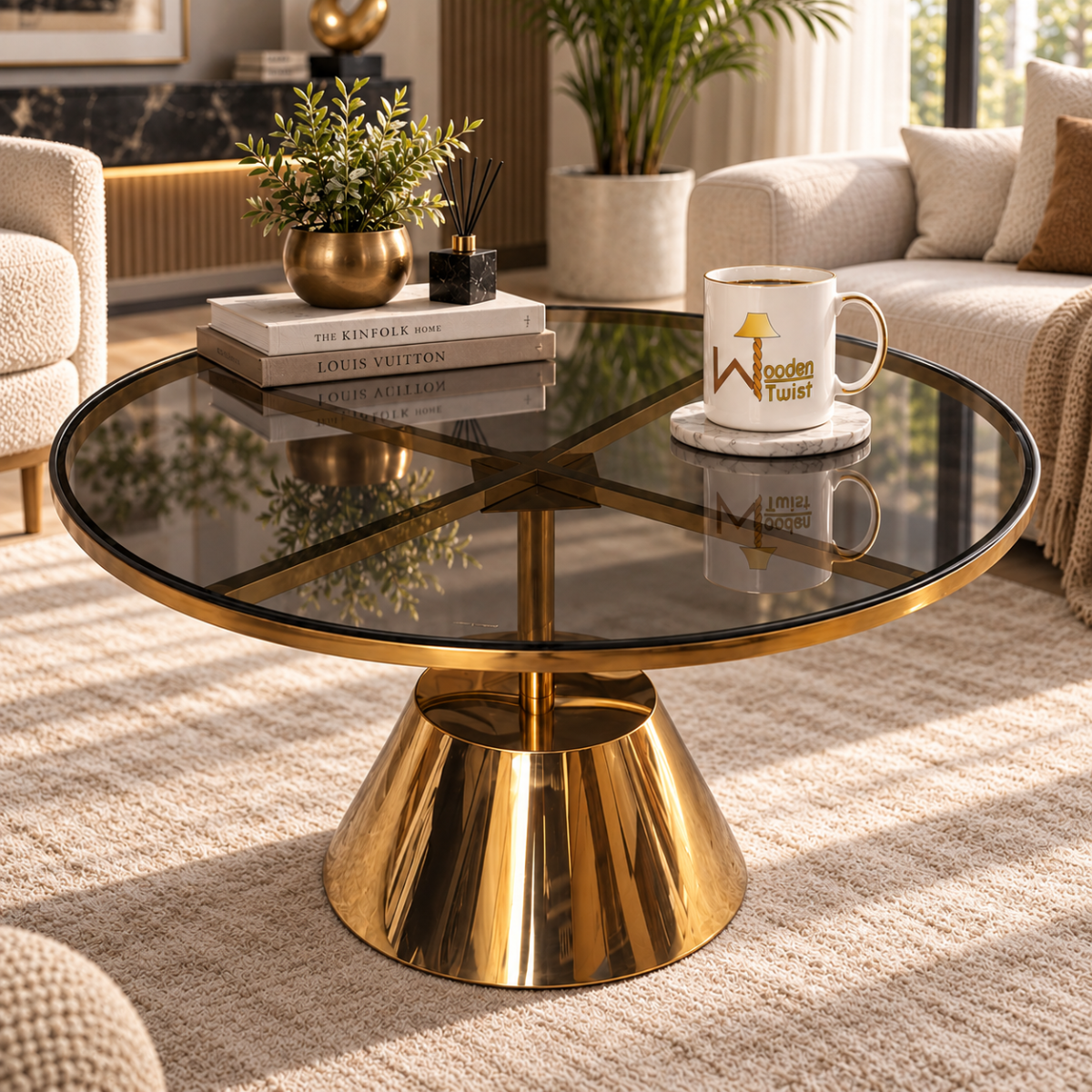 Wooden Twist Aurelio Luxe Round Smoked Glass Coffee Table in a modern living room setting, close angle