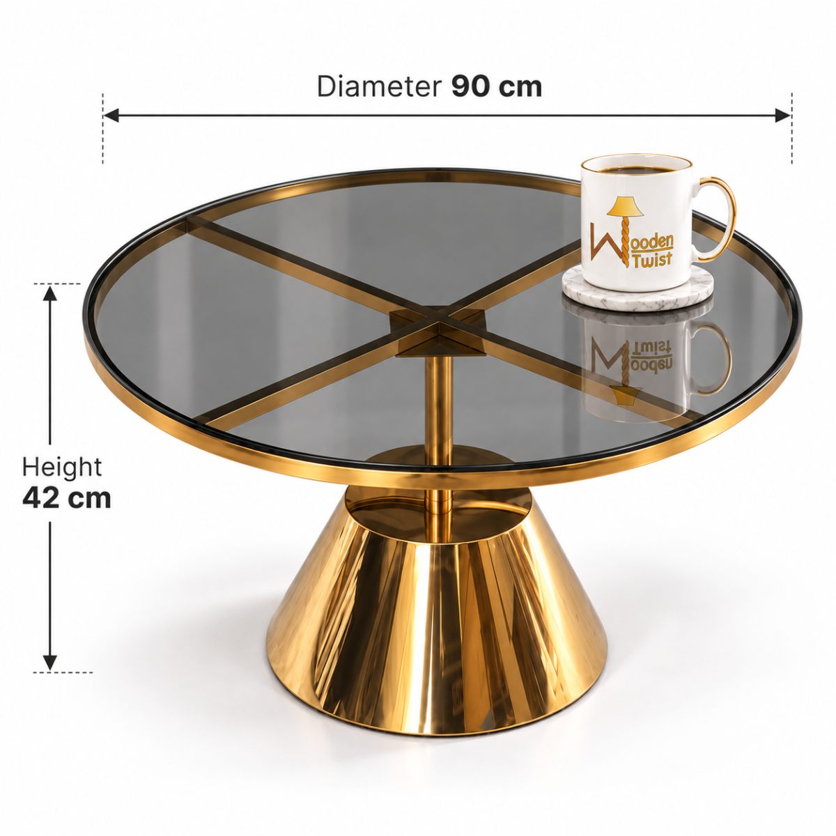 Wooden Twist Aurelio Luxe Round Smoked Glass Coffee Table dimensions diagram - 90cm diameter, 42cm height