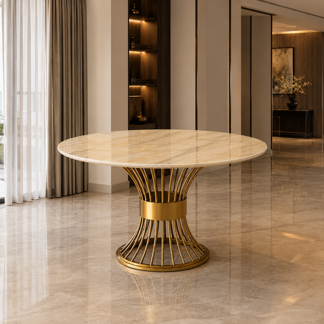 Wooden Twist Lumora Round Marble Dining Table with Gold Pedestal Base – In a Marble-Floored Hall