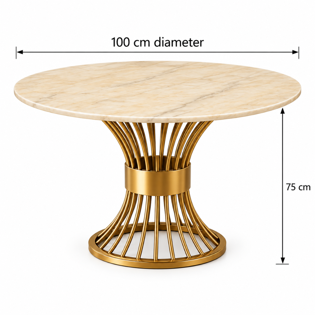 Wooden Twist Lumora Round Marble Dining Table with Gold Pedestal Base – Dimensions 100 cm Diameter x 75 cm Height