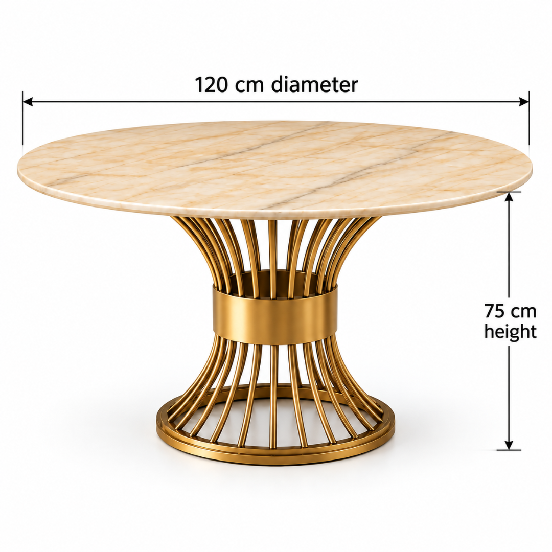 Wooden Twist Lumora Round Marble Dining Table with Gold Pedestal Base – Dimensions 120 cm Diameter x 75 cm Height