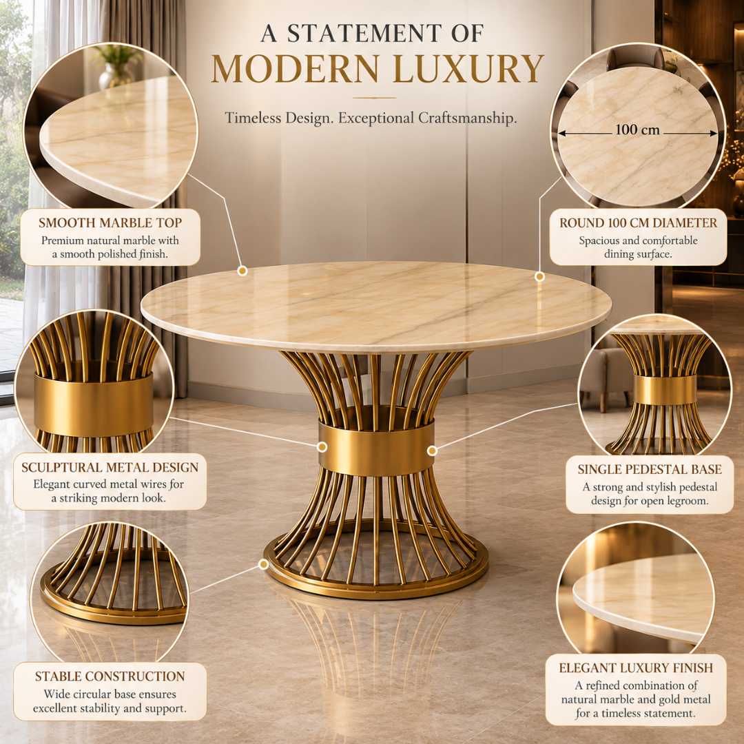 Wooden Twist Lumora Round Marble Dining Table with Gold Pedestal Base – Features: Marble Top, Sculptural Metal Base, Single Pedestal
