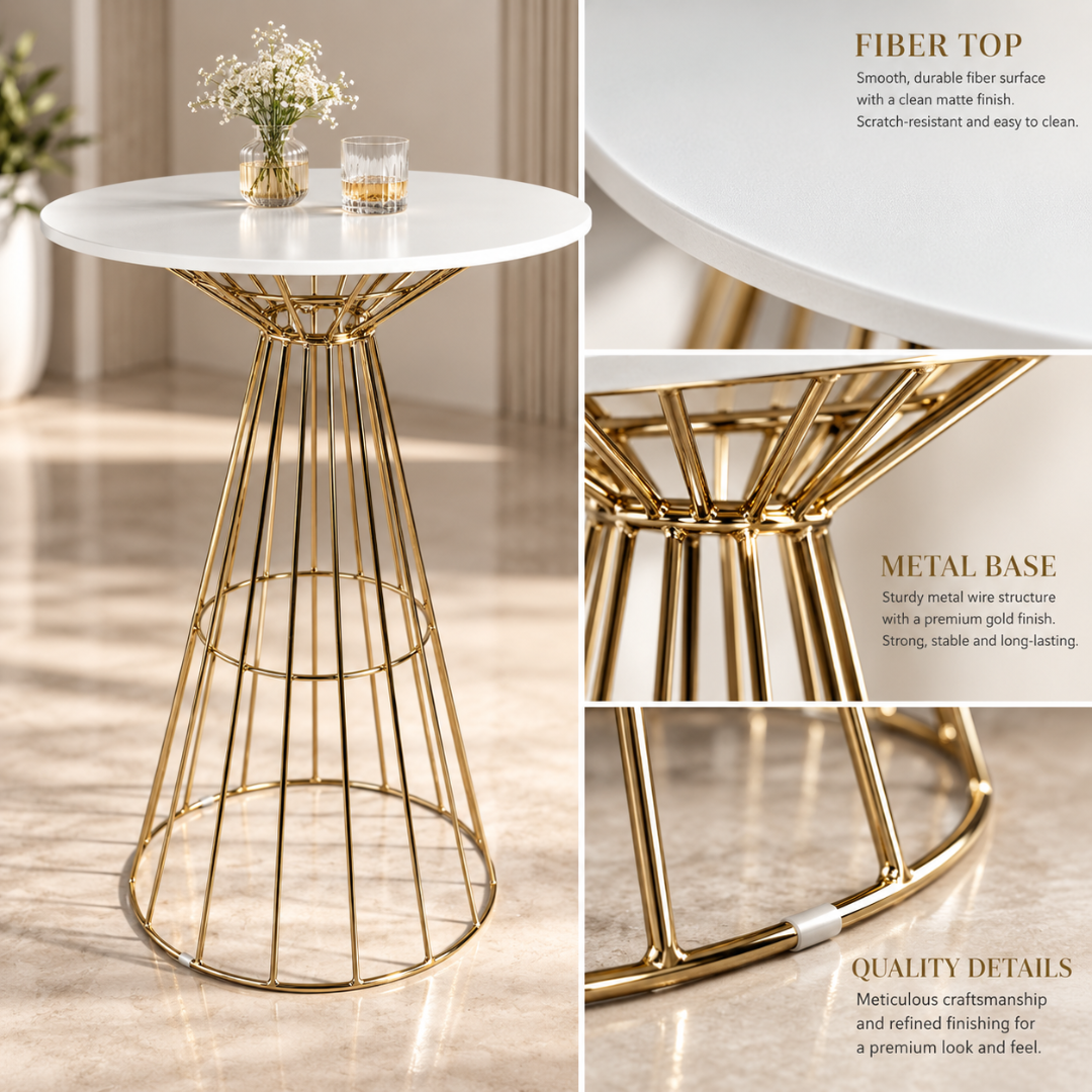 Wooden Twist Aurevia Luxe Round Bar Table Gold Wire Base – close-ups of fiber top, gold metal base and finishing details