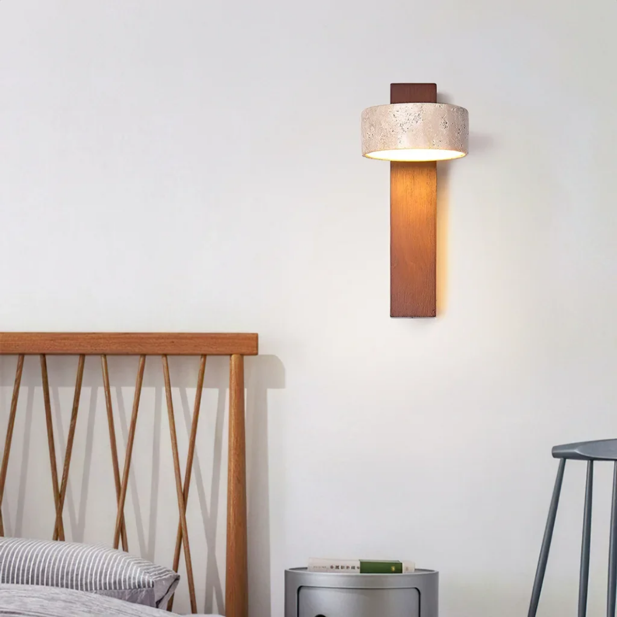Aurevo Travertine Rotatable Wall Lamp above a bedside table in a modern bedroom