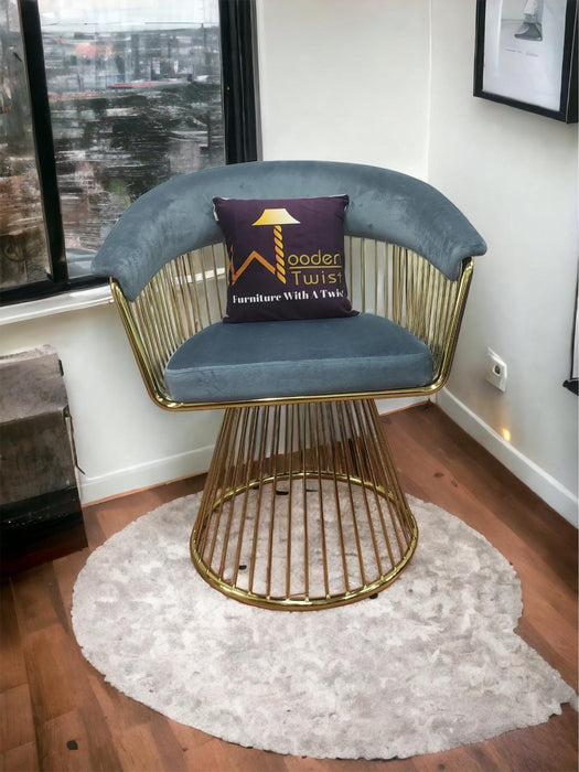 Wooden Twist Swivel Rotating Arm Chair - Velvet Fabric with Golden Metallic Accent - Wooden Twist UAE