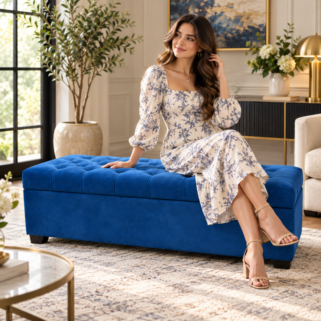 Wooden Twist Zelja dark blue velvet storage bench – lifestyle with model seated in living room
