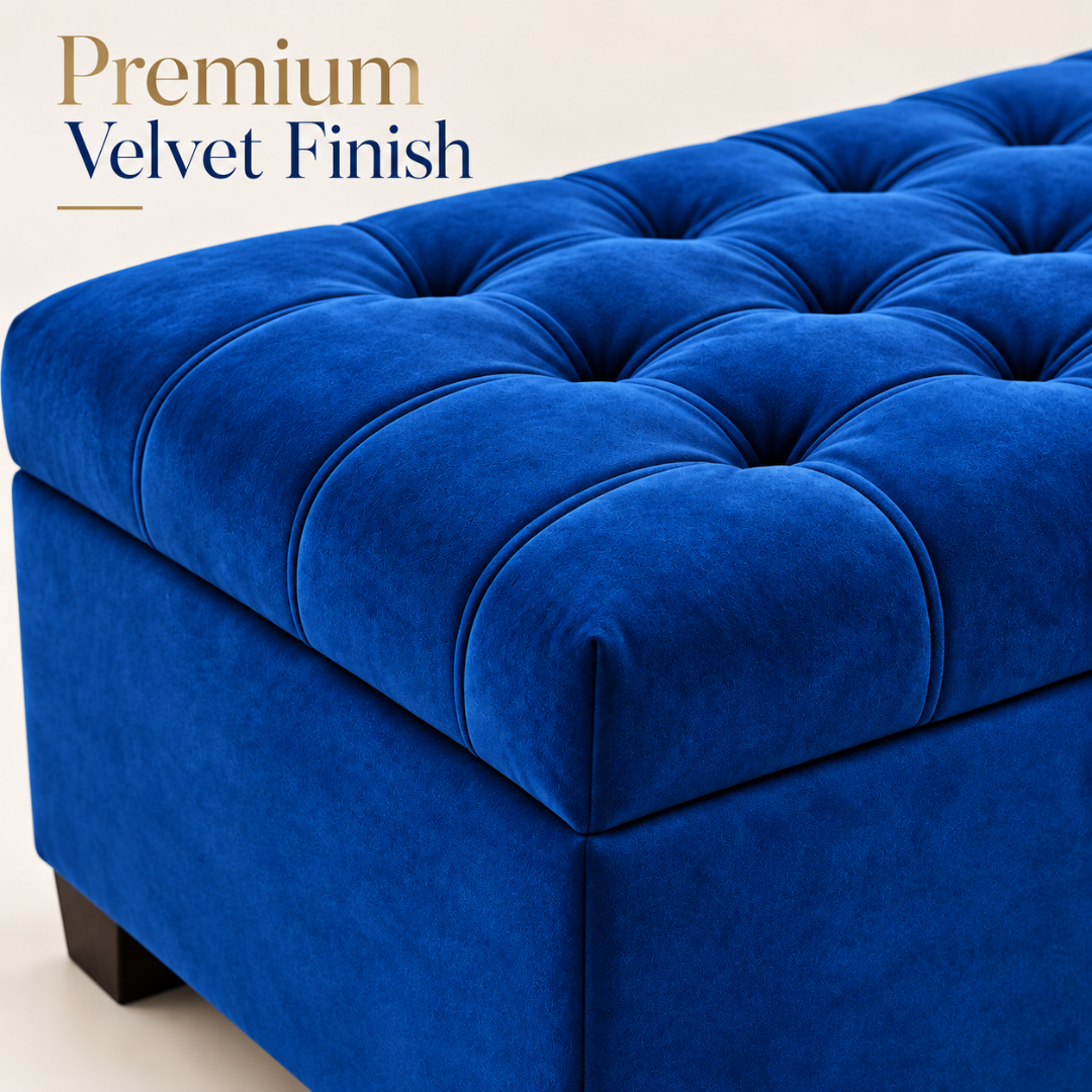 Wooden Twist Zelja dark blue storage bench – close-up of premium tufted velvet finish