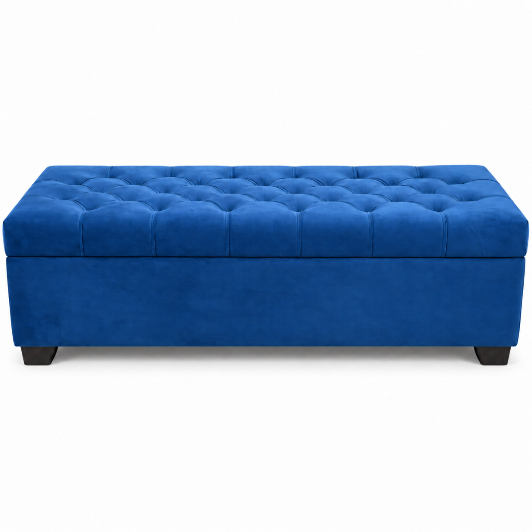 Wooden Twist Zelja dark blue velvet flip top storage bench – front view on white background