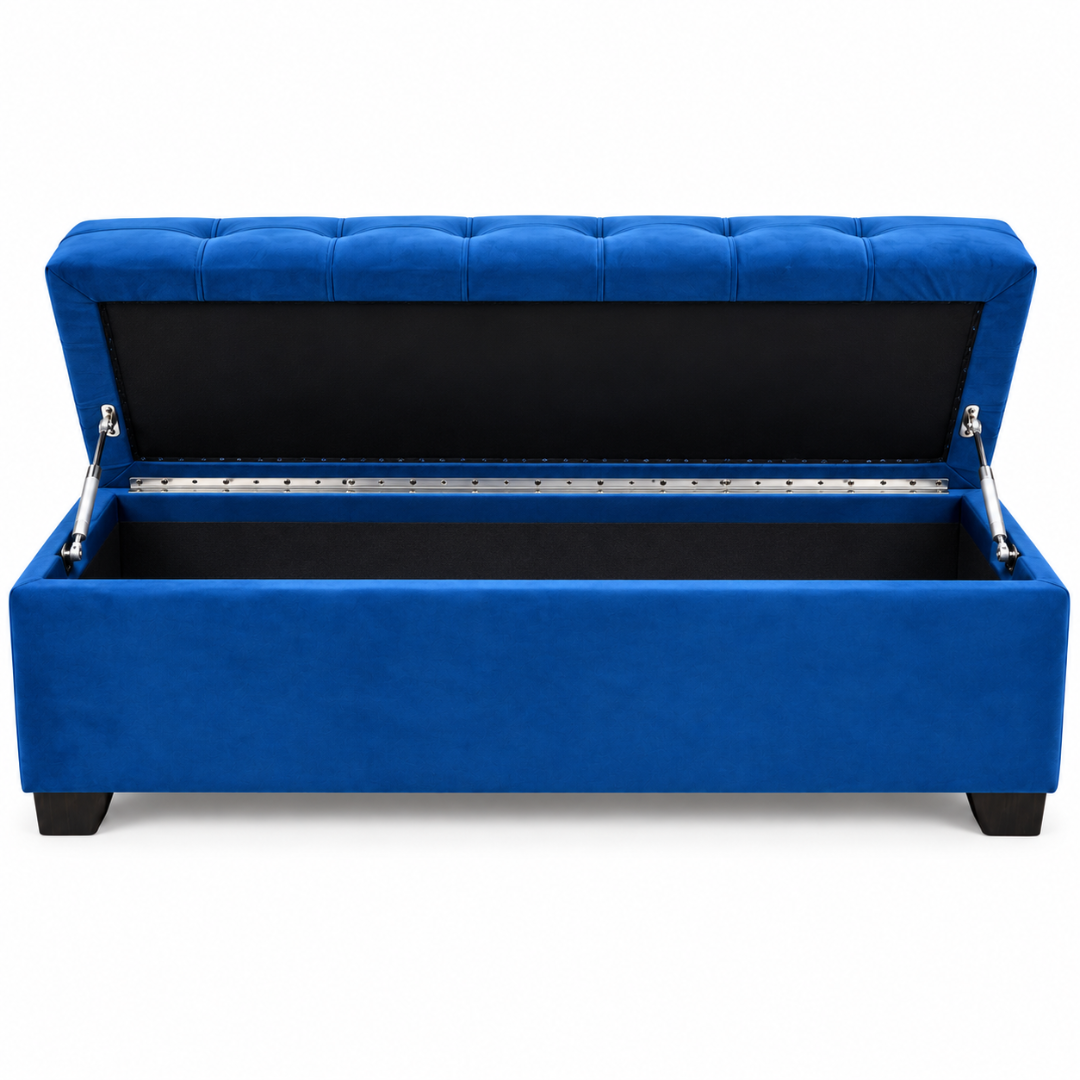 Wooden Twist Zelja dark blue velvet storage bench – flip top open on white background