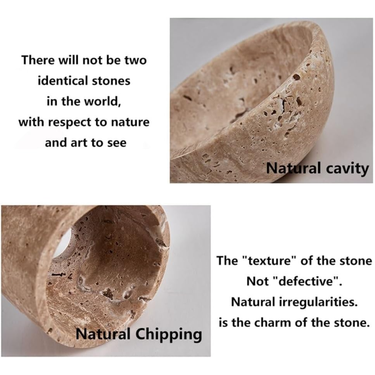 infographic explaining natural cavity and chipping in the travertine stone as charm, not defect