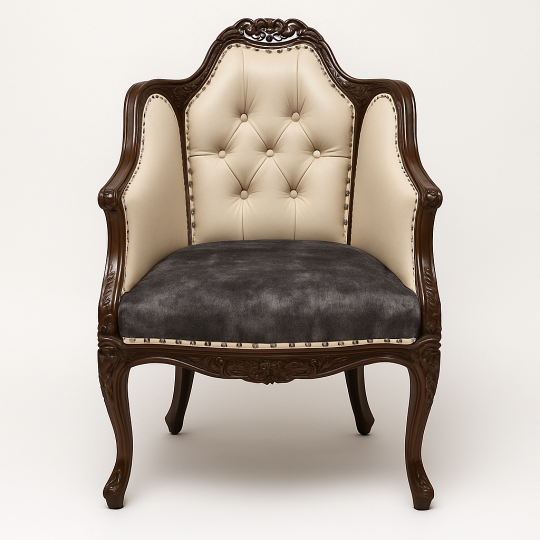 Decorative armchair with wooden frame and tufted backrest on a white background