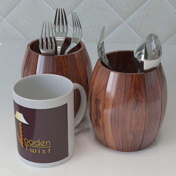 Wooden Barrel Shaped Cutlery Holder & Spoon Holder (Set of 2)