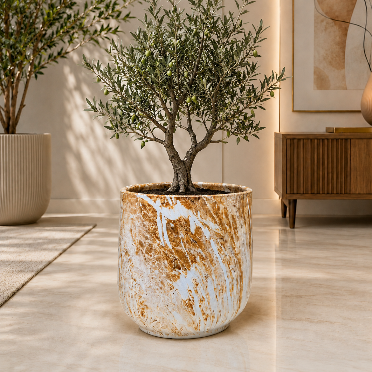 Wooden Twist Premium Round Ceramic Plant Pot for Balcony & Garden