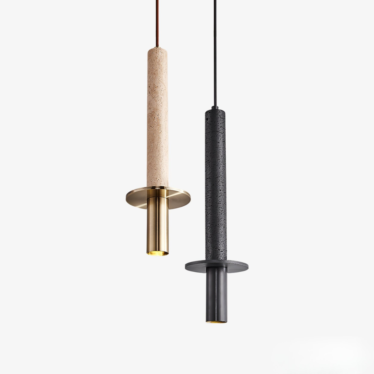 Aurevia Pendant Light - Yellow Travertine + Gold and Black Travertine + Black finishes side by side