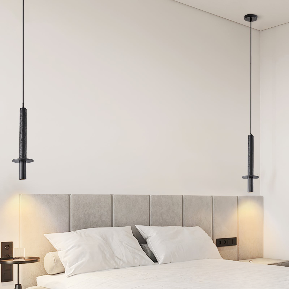 Aurevia Pendant Light Black Travertine + Black - lifestyle above a bedroom headboard
