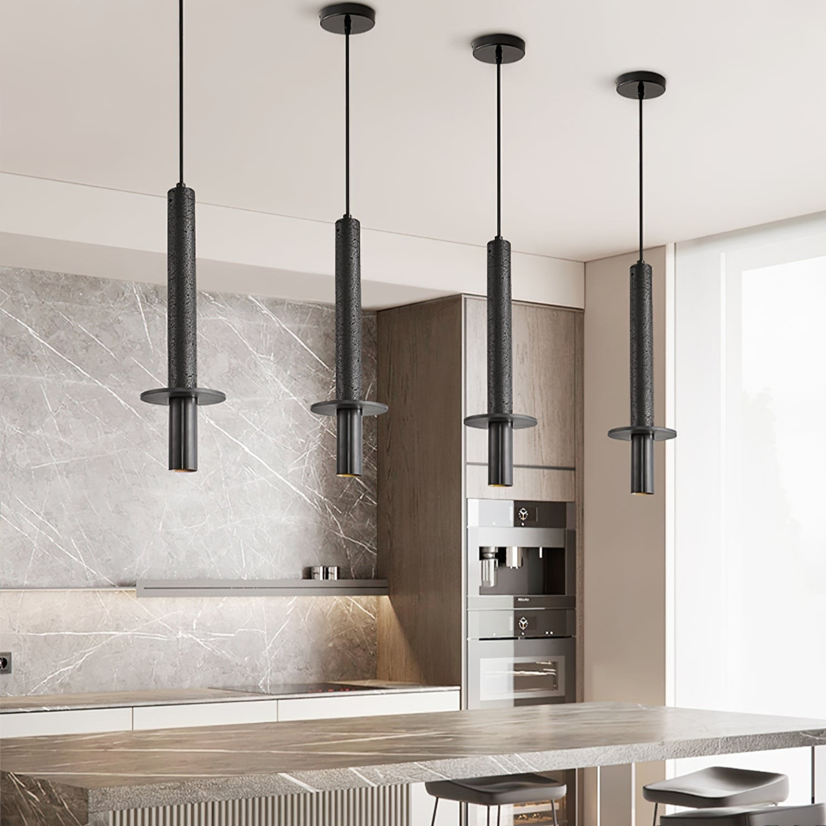 Aurevia Pendant Light Black Travertine + Black - lifestyle four pendants above a kitchen island