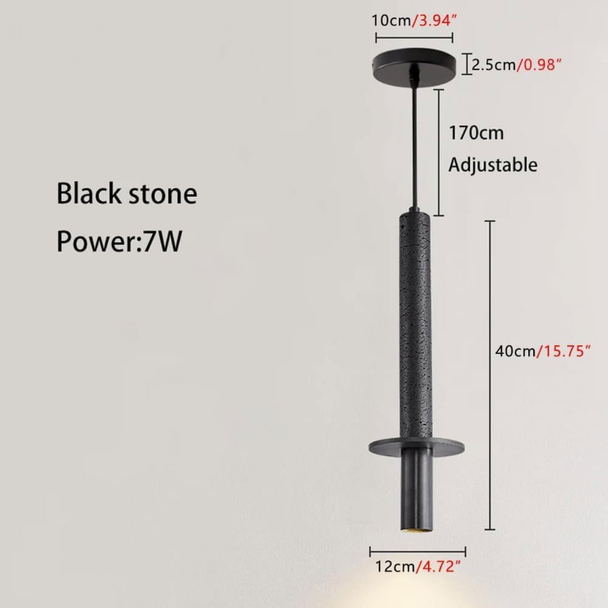 Aurevia Pendant Light Black stone dimensions - top plate D10cm x H2.5cm, cord adjustable to 170cm, cylinder H40cm x D12cm, Power 7W