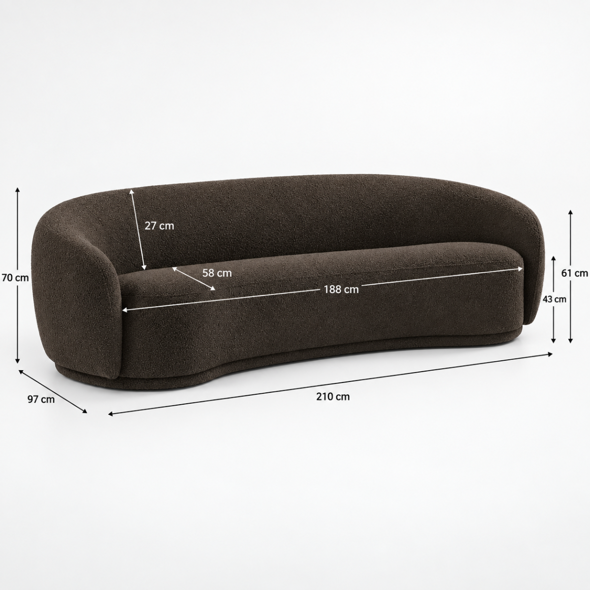 Snug Rounded Back Rich Brown Modern Boucle Sofa