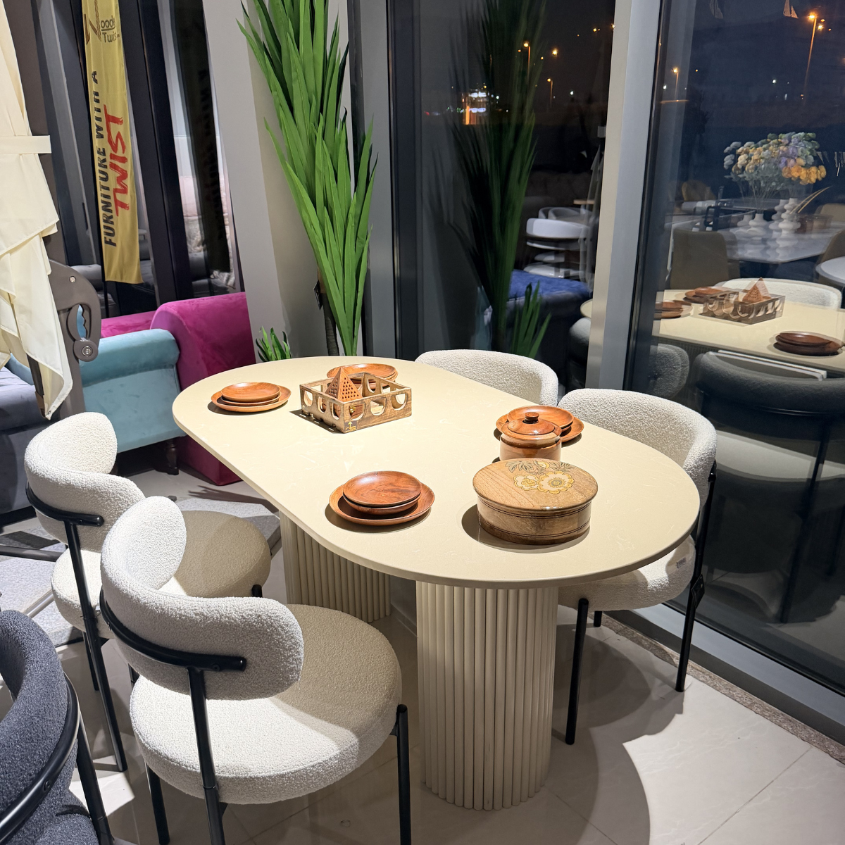 Wooden Twist marble-top dining table