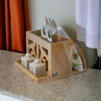 Wooden Twist Neos Teak Wood Cutlery and Tissue Holder ( Natural ) - Wooden Twist UAE