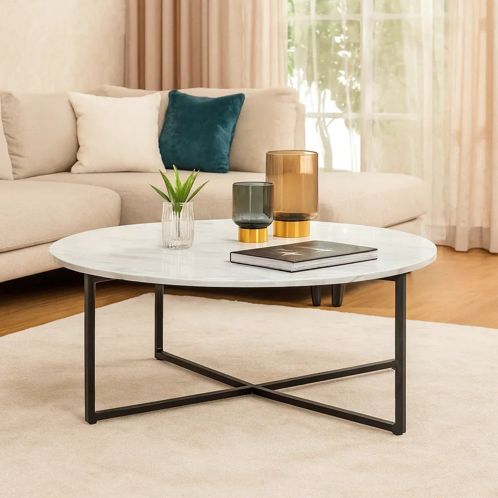 Wooden Twist Auxz Modern Contemporary Metal Base Marble Top Round Coffee Table ( White & Black )
