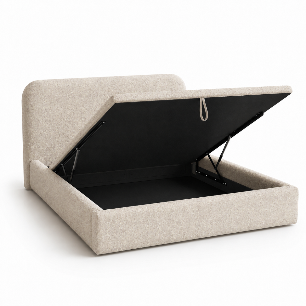 product shot with the hydraulic storage base lifted open, showing the lift mechanism and interior storage space