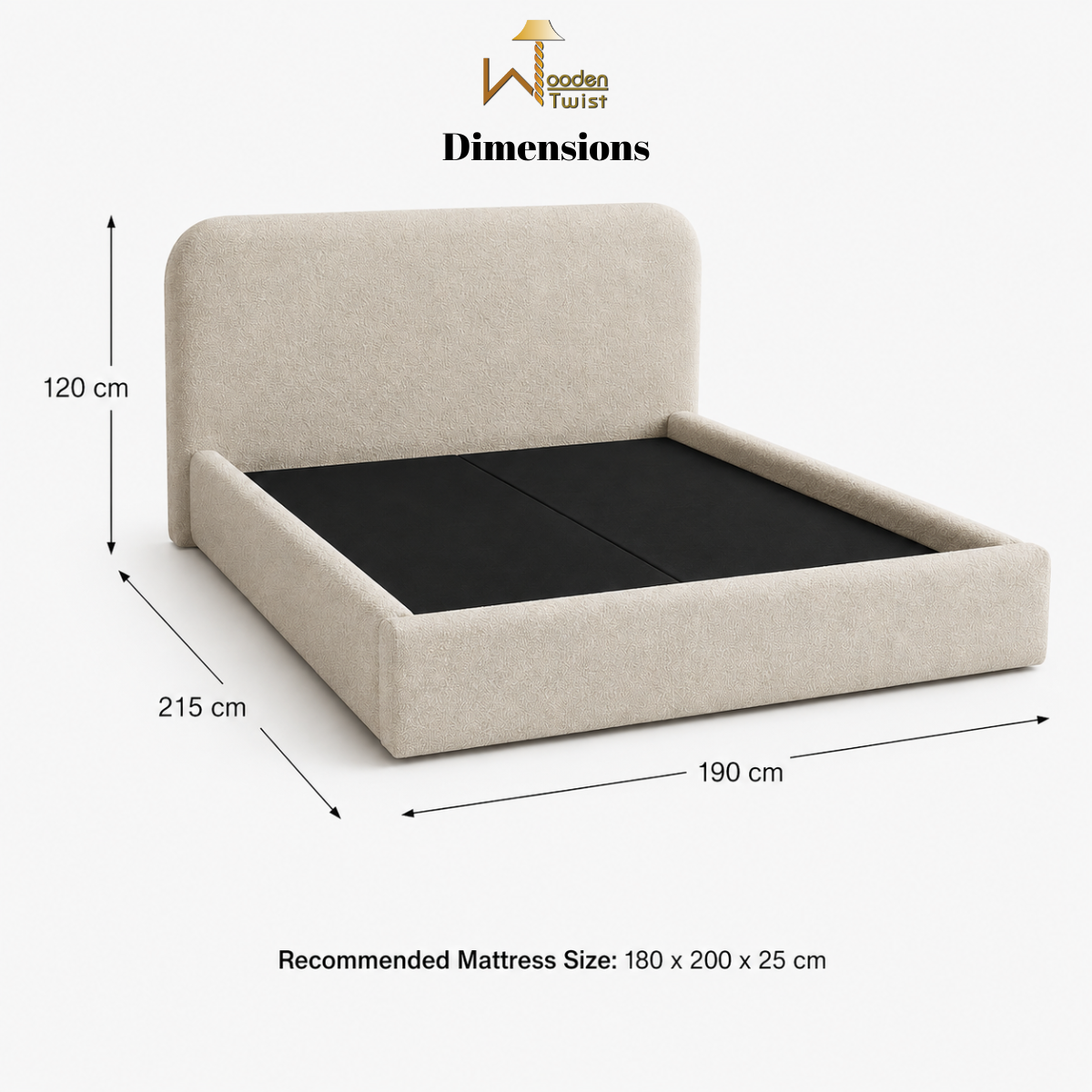 dimensions for King 180x200 - frame 190cm width x 215cm length x 120cm height