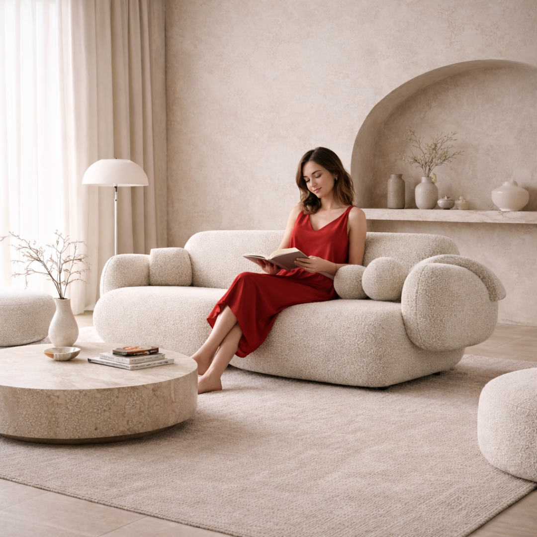 A cloud-inspired silhouette in soft off-white bouclé