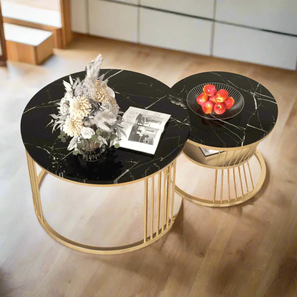 Wooden Twist Stylish Look Round Wrought Iron Coffee Table Set of 2
