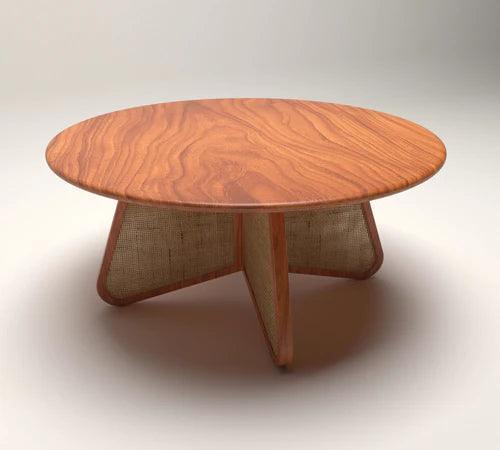 Round Coffee Table Teak Wood & Rattan