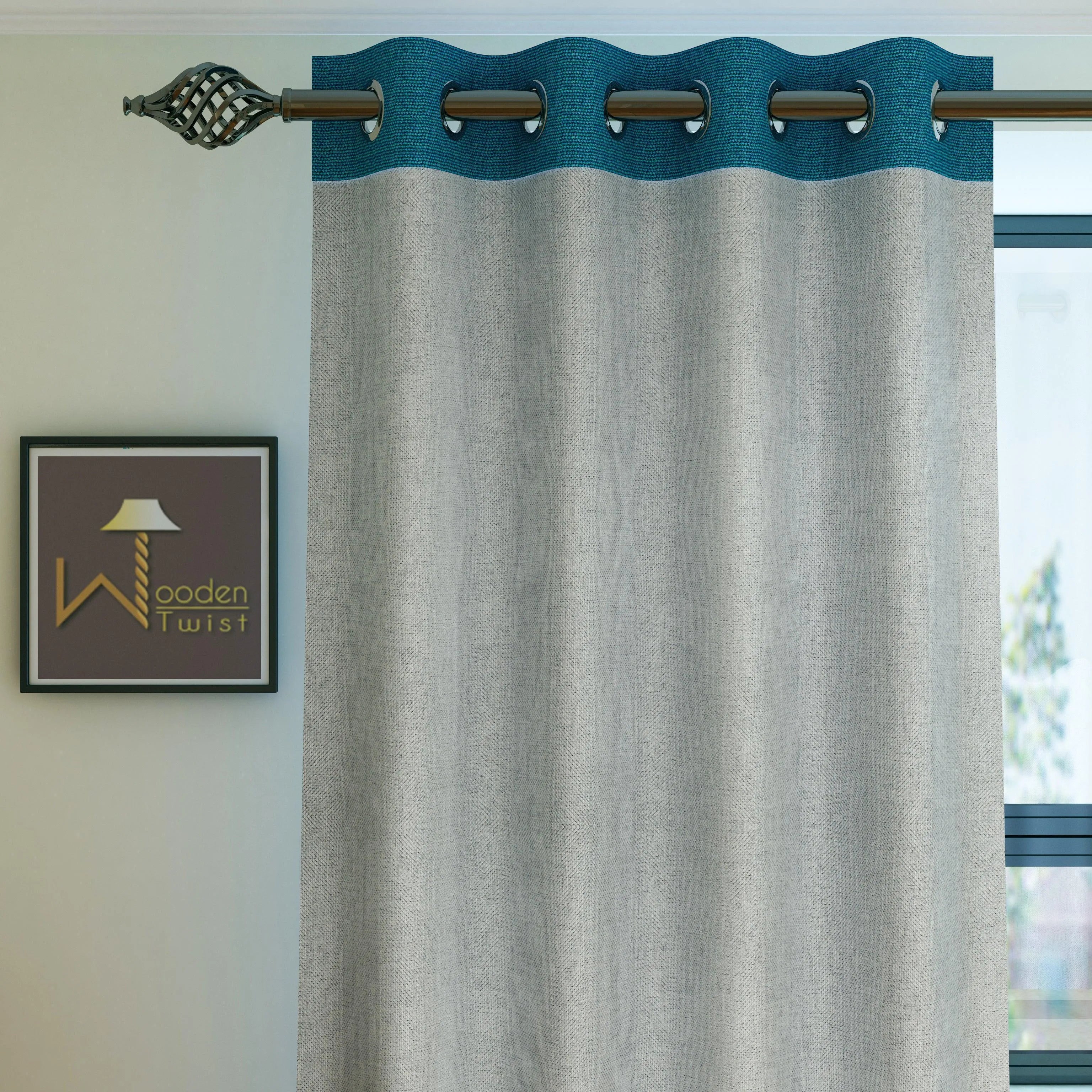 Fabrahome Light Filtering 10 Ft Rectangular Jute Fabric Curtain ( Grey & Blue ) - Wooden Twist UAE