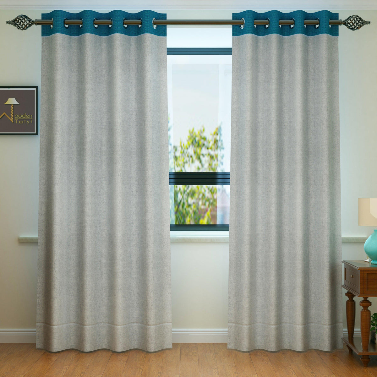 Fabrahome Light Filtering 7 Ft Rectangular Jute Fabric Curtain ( Grey & Blue ) - Wooden Twist UAE