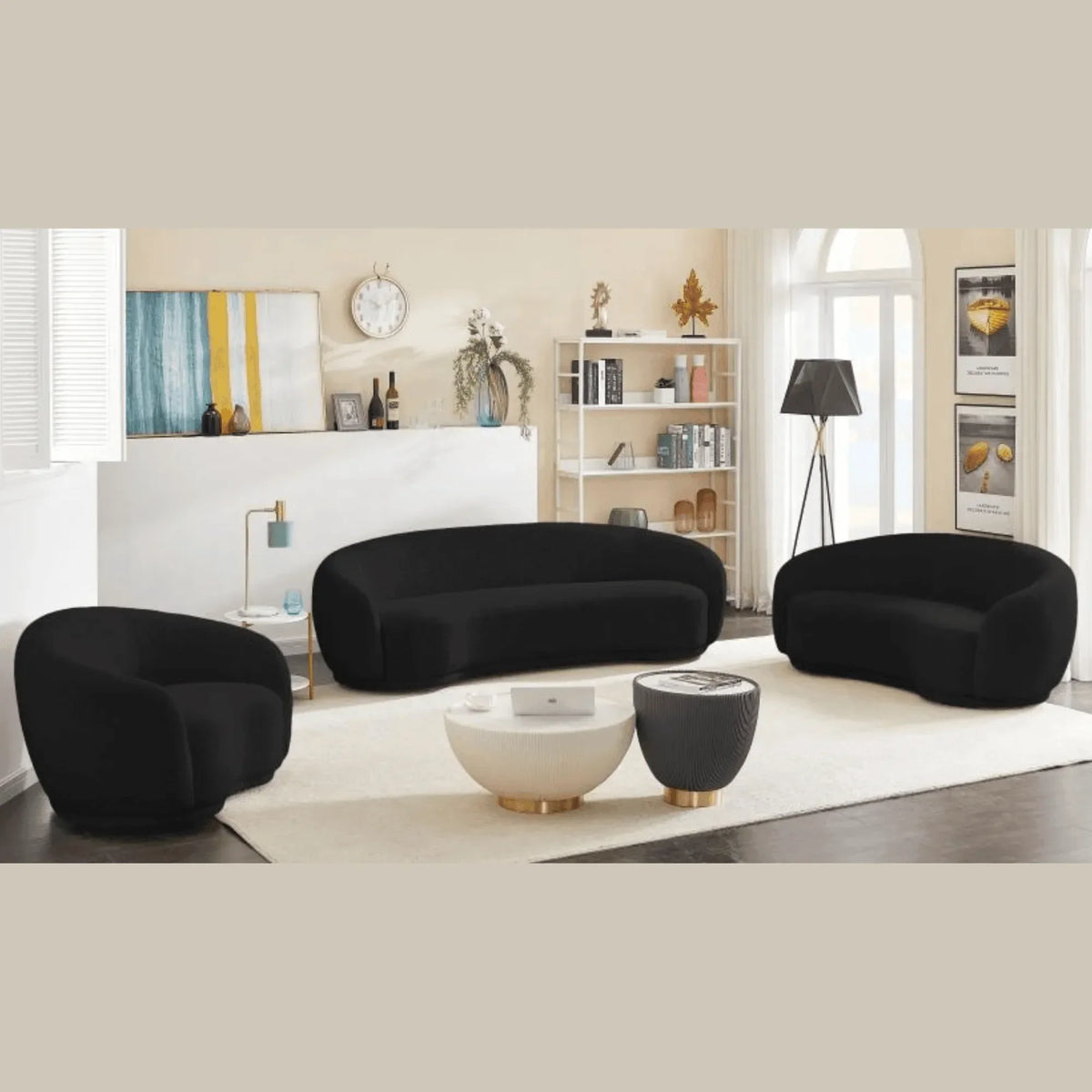 Snug Rounded Back Boucle Sofa in Rich Black