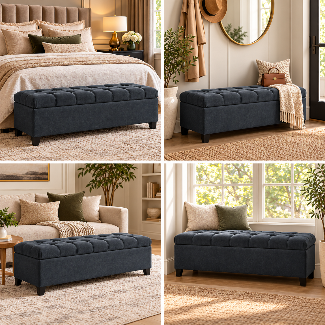 Wooden Twist Zelja dark gray velvet storage bench – styled in bedroom, entryway and living room