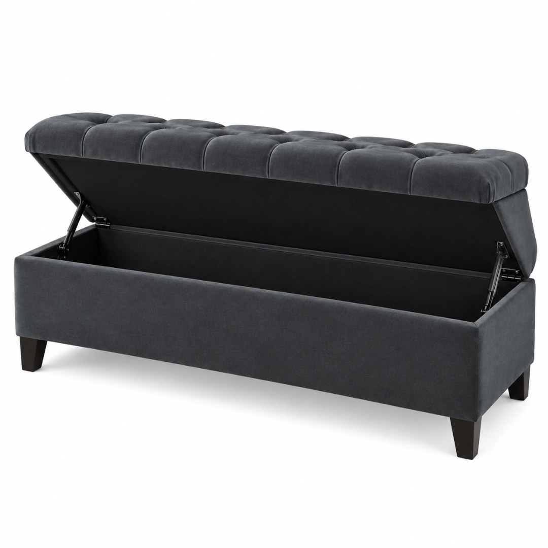Wooden Twist Zelja dark gray velvet storage bench – flip top open on white background