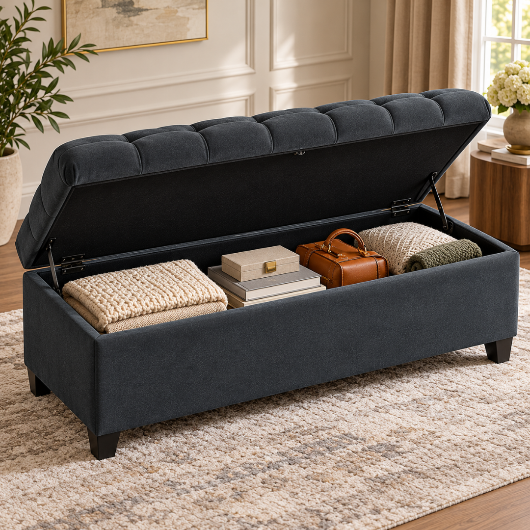 Wooden Twist Zelja dark gray velvet storage bench – flip top open showing storage