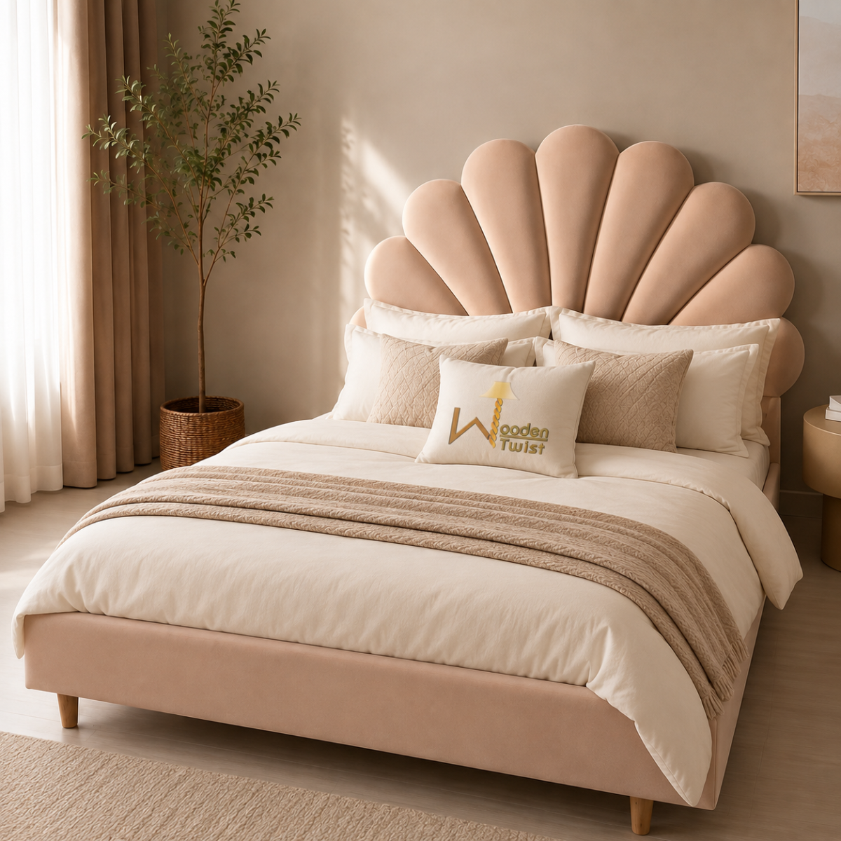 Wooden Twist Dazzling Modern Glam Velvet Bed - Light Pink scalloped shell headboard lifestyle bedroom view